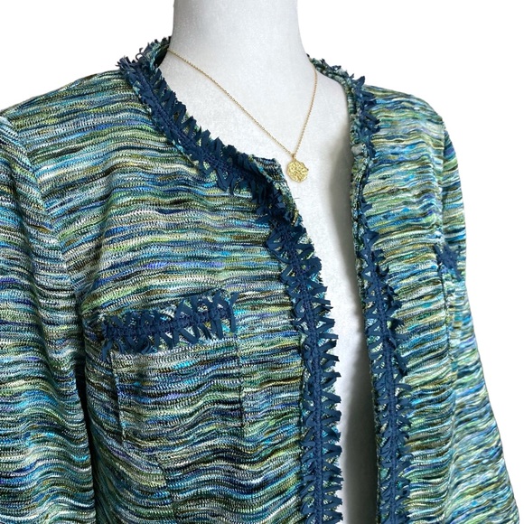 CHICO'S Knit Fringe Ronique Boho Jacket Open Blue Green Blazer Sz M (1) - Picture 3 of 8
